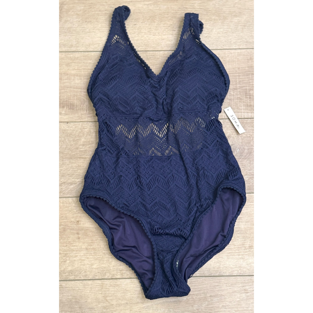 NWT SOMA NIGHTFALL NAVY BLUE CROCHET ONE PIECE SWIMSUIT SZ 14 - Picture 4 of 7